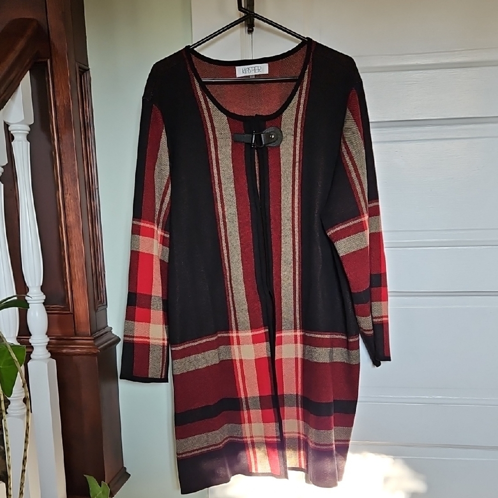 Kasper Plaid Longline Flyaway Cardigan with Leather Buckle Closure